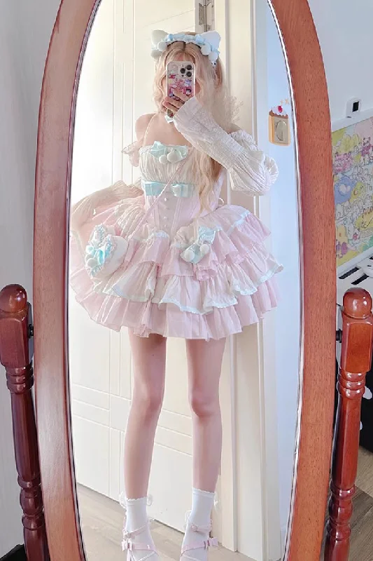 Pink Multi-layer Ruffle Bowknot Sweet Princess Lolita Tiered Dress Earthy tone unclassified dresses