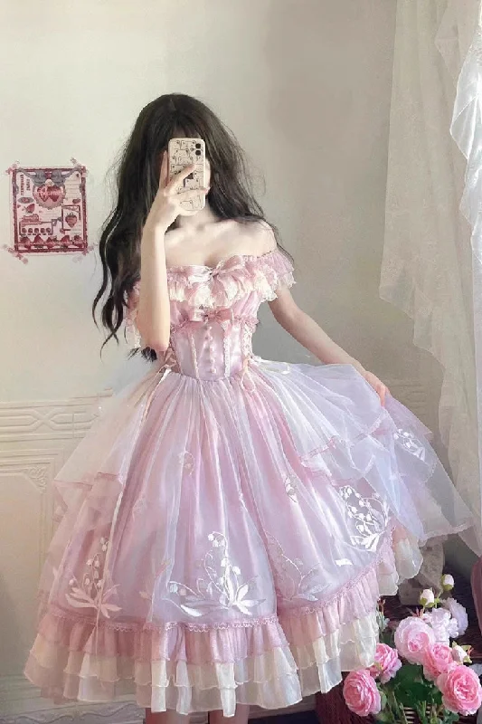 Pink [Love Is Coming] Multi-layer Ruffle Embroidery Bowknot Sweet Princess Lolita Jsk Dress Date night unclassified dresses