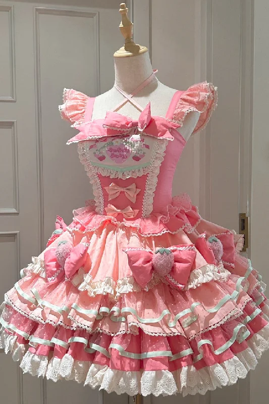 Pink Multi-Layered [Cream Strawberries] Print Ruffle Bowknot Sweet Lolita Tiered Dress Embroidered unclassified dresses