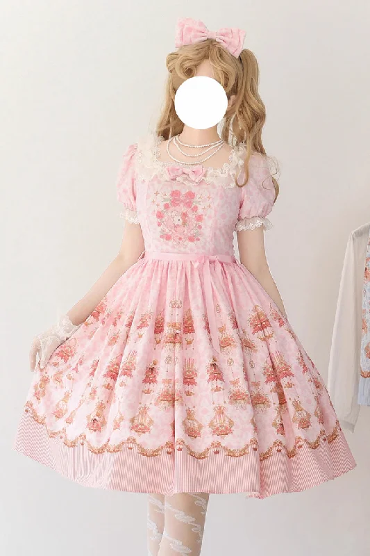 Pink [Rose Garden Rabbit] Print Ruffle Bowknot Sweet Lolita Dress Trendy unclassified dresses