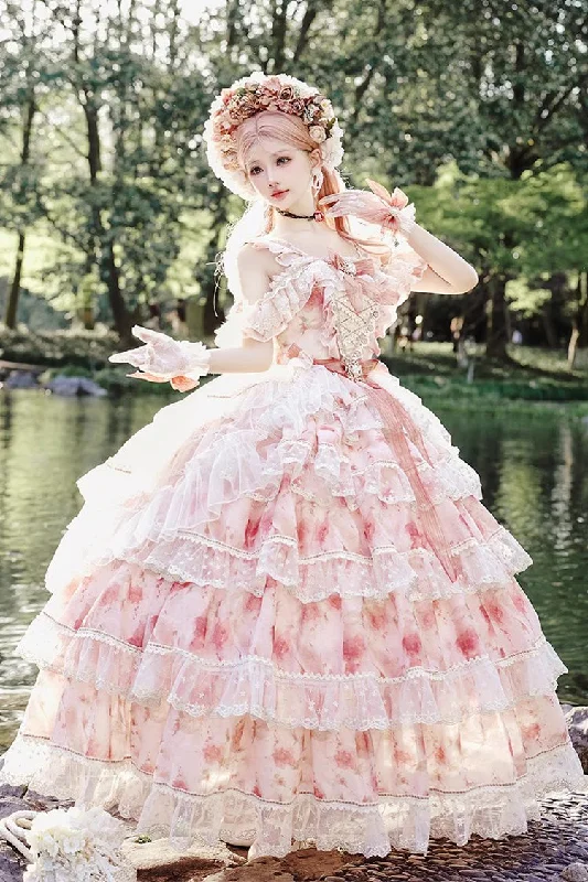 Pink [Rose Letter] Off Shoulder Triple-Layered Print Ruffle Hanayome Sweet Princess Lolita Dress Dark color unclassified dresses