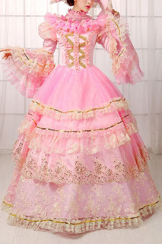 Pink Trumpet Sleeves High Waisted Hollow Embroidery Print Multi-Layer Victorian Lolita Prom Dress Office unclassified dresses