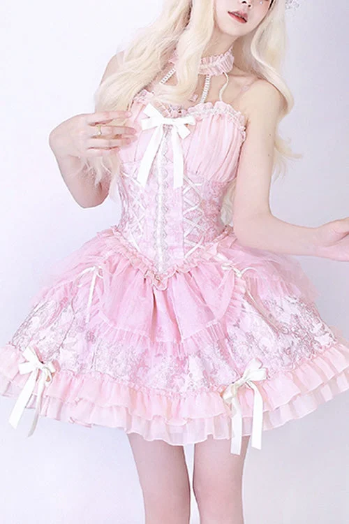 Pink Tube Top Sleeveless Blowknot Ruffled Sweet Lolita Tiered Dress Long sleeve unclassified dresses