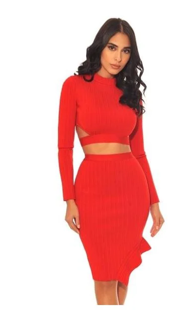 Red Crop Top 2 Piece Bandage Set Street style unclassified dresses