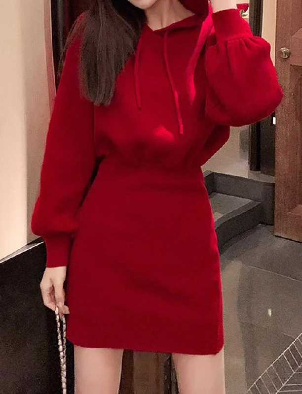 Red Hooded Skinny Knit Dress Chic unclassified dresses