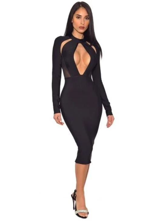 Sexy Mesh Plunge Cutout Little Black Dress Velvet unclassified dresses