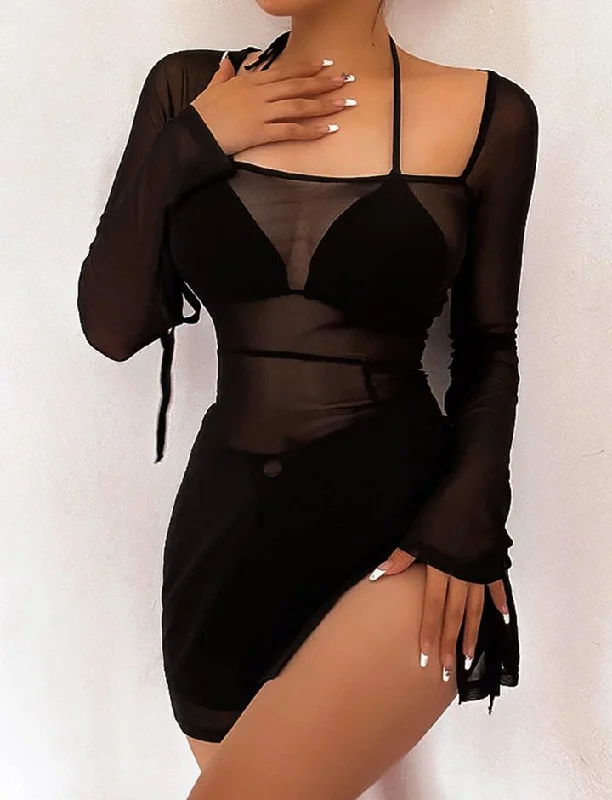 Mesh See-through Slit Hem Black Dress Velvet unclassified dresses