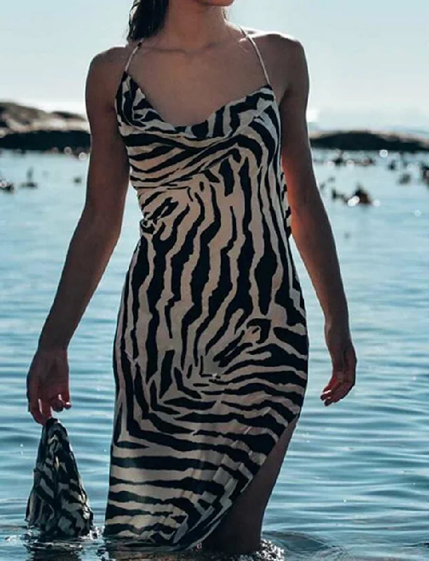 Slim Dress with Backless Sling Animal Print Smocked unclassified dresses