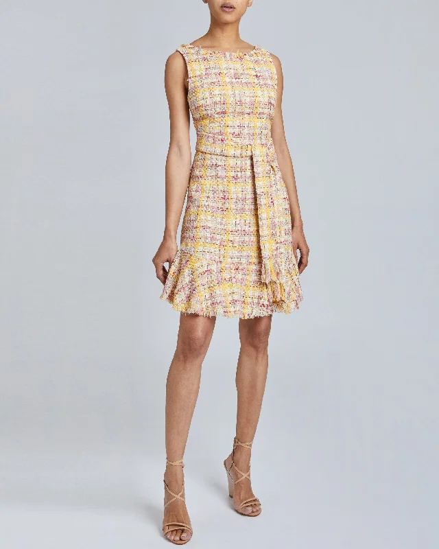 CELINE Sleeveless Tweed Sheath Dress with Ruffle Hem Beaded unclassified dresses