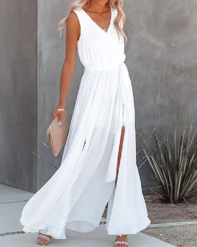 SLEEVELESS V NECK HIGH SLIT BELTED CASUAL DRESS Best-selling unclassified dresses