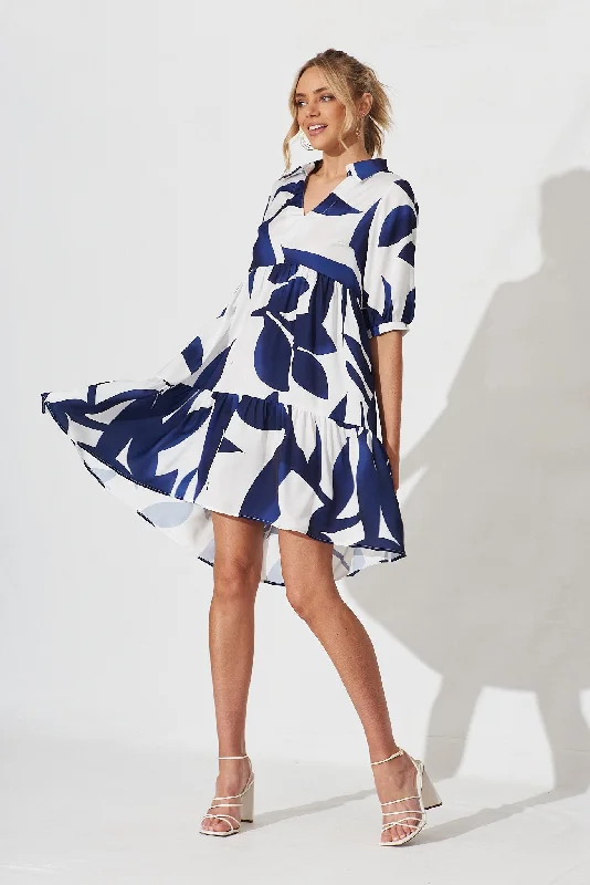 Tamira Smock Dress In White With Navy Print Everyday wear unclassified dresses