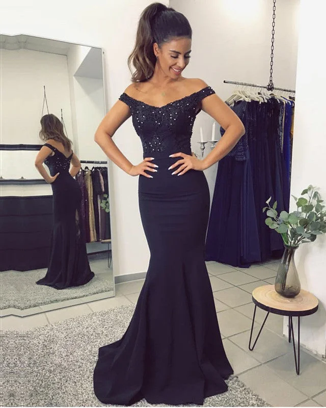 Mermaid V Neck Dresses Off Shoulder Appliques Train Budget-friendly unclassified dresses