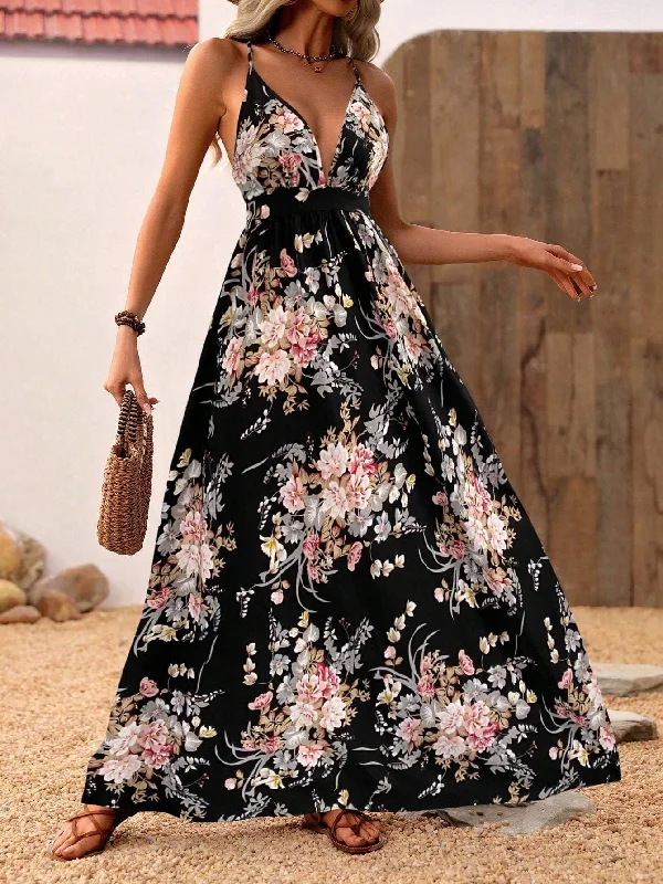 VCAY FLOWER PRINT HALTER NECK BACKLESS DRESS Elegant unclassified dresses