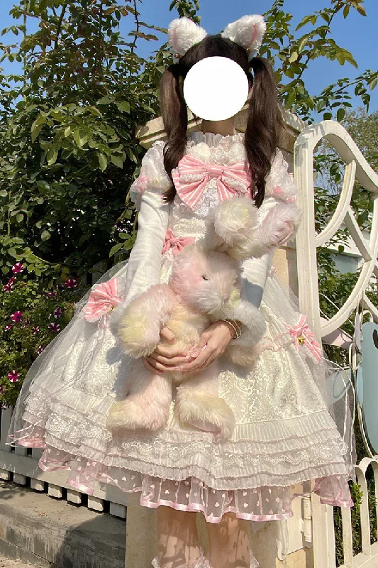 White/Pink Magic Meow Ruffle Bowknot Sweet Princess Lolita Jsk Dress Mesh unclassified dresses