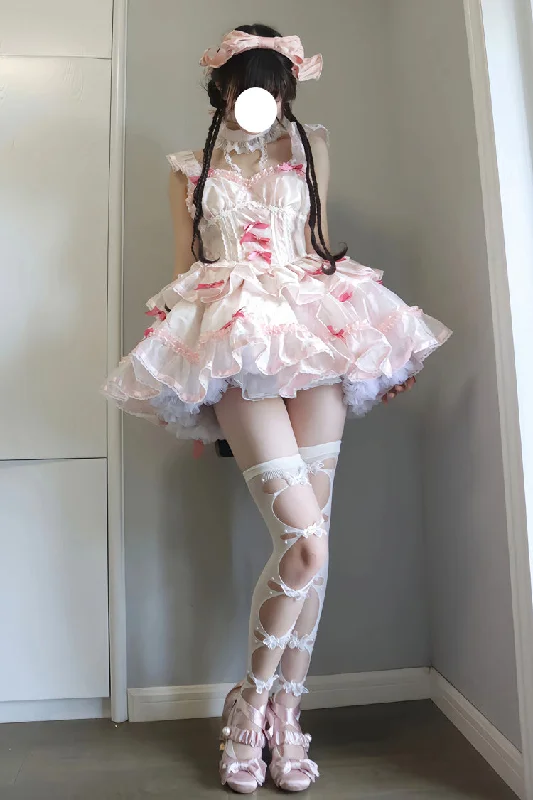 White/Pink Multi-layer Ruffle Ballet Bowknot Sweet Lolita Jsk Dress Petite unclassified dresses