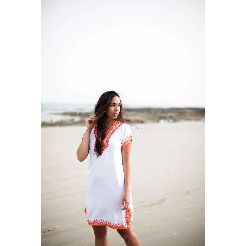 White with Orange Embroidery Tunic Dress-Moroccan Dress Ruched unclassified dresses