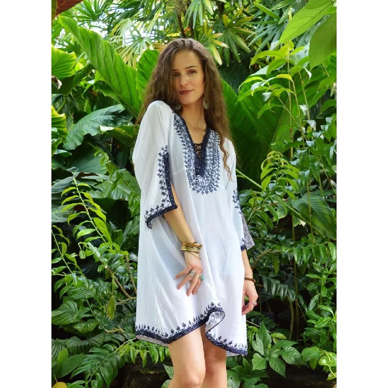 White with Silver Blue Embroidery Nadia Tunic Dress - Moroccan Tunic Formal unclassified dresses