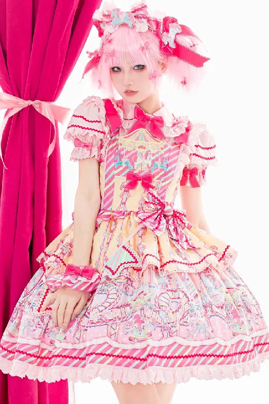 Yellow/Pink Candy Park Print Ruffle Bowknot Sweet Lolita Jsk Dress Sequin unclassified dresses