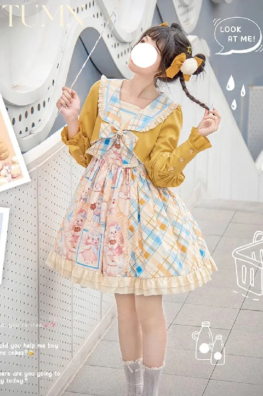 Yellow/Pink Cat Holiday Print Ruffle Bowknot Fake Two Pieces Sweet Lolita Dress Breathable unclassified dresses