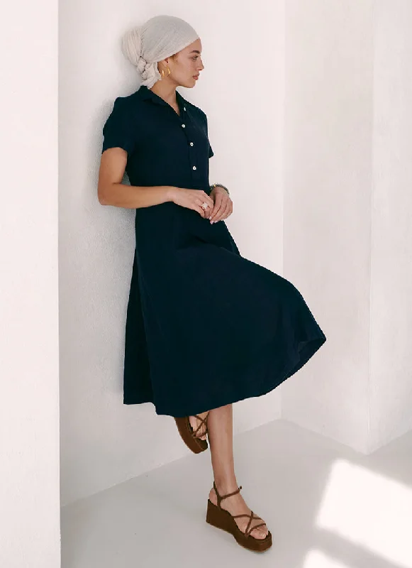 Linen Short-Sleeve Shirt Dress A-line Denim Skirt