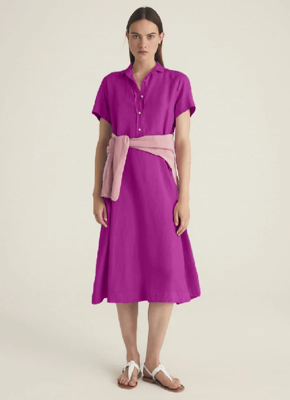 Linen Short-Sleeve Shirt Dress Stylish Pleated Skirt