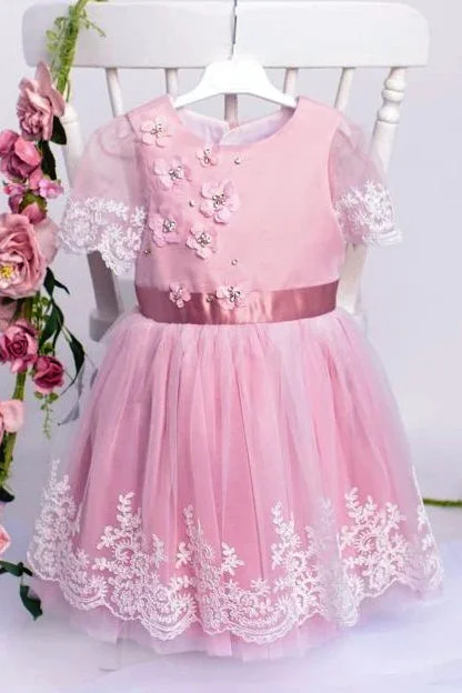 Pink Short Sleeve Bow-Back Flower Girl Dress Elegant Mini Skirt