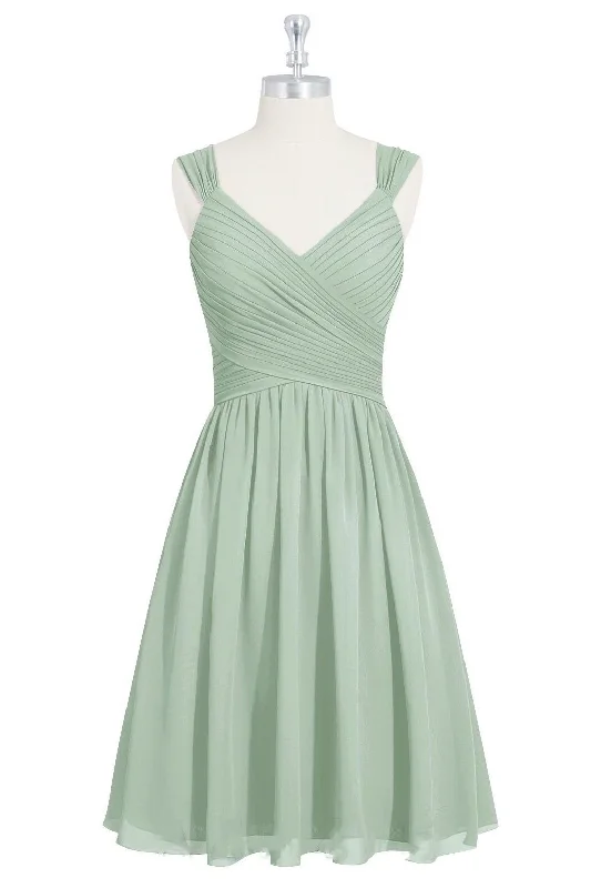 Sage Green V-Neck Backless A-Line Short Bridesmaid Dress Faded Denim Skirt