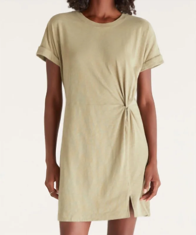 Short Sleeve Cotton Slub Dress With Twist Detail In Olive Branch Mini Skirt Trend