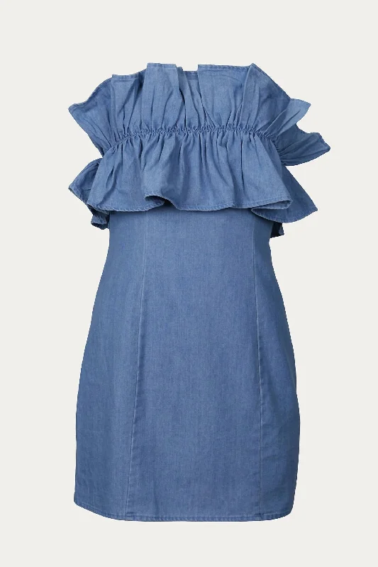 Strapless Ruffled Denim Mini Dress In Blue Soft Pleated Skirt