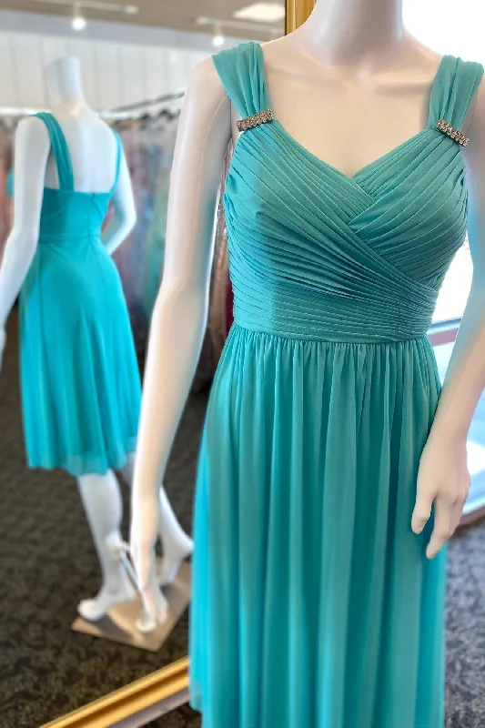 Teal Blue Chiffon Straps A-Line Short Bridesmaid Dress Mini Skirt Classic