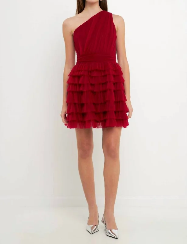 Tiered Tulle Mini Dress In Cherry Raw Hem Mini Skirt