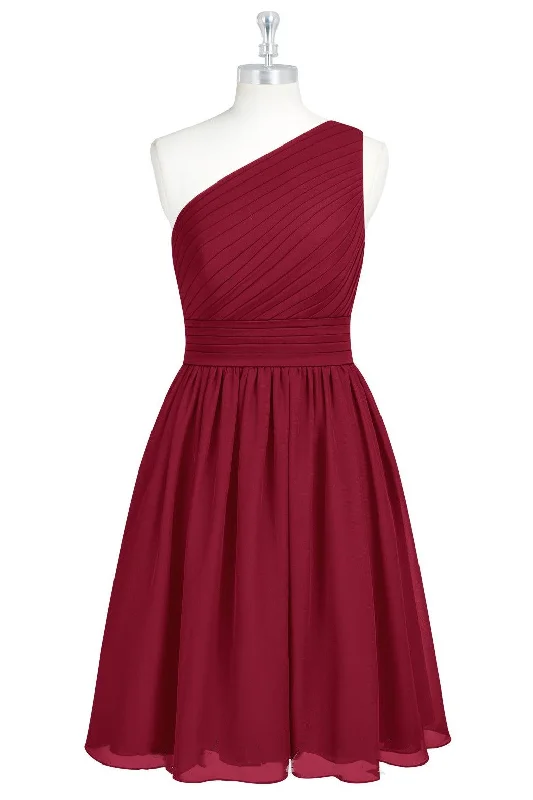 Wine Red Chiffon One-Shoulder A-Line Short Bridesmaid Dress Plaid Skater Skirt