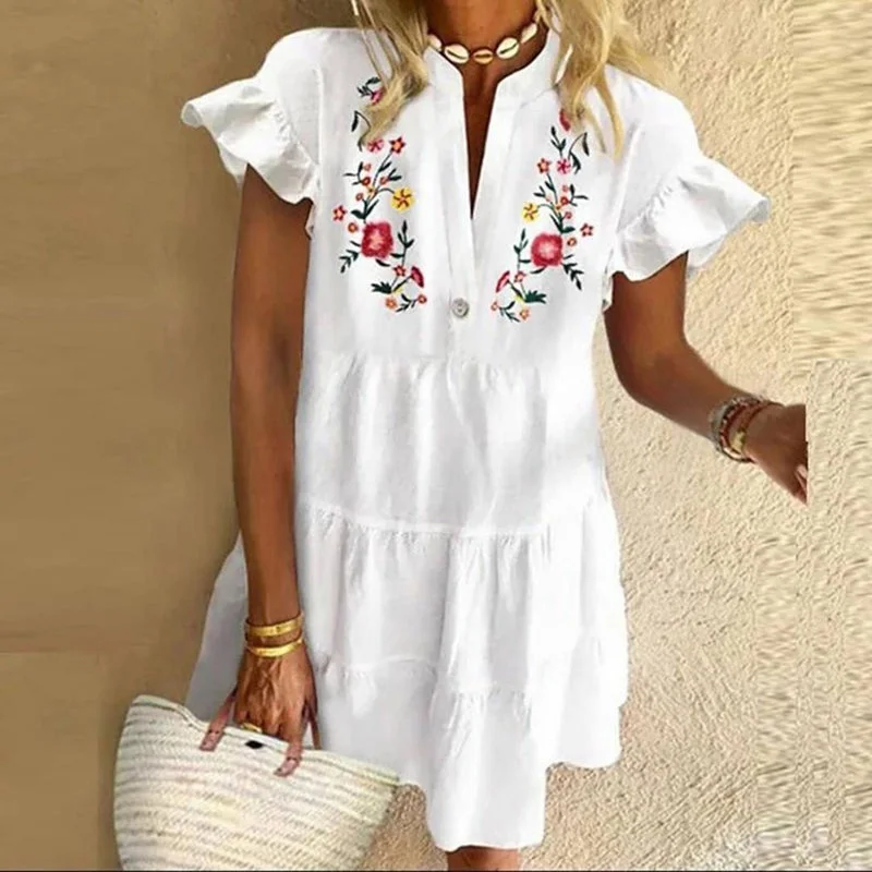 Women's Summer V-Neck Casual Mini Loose Beach Dress Colorful Mini Skirt