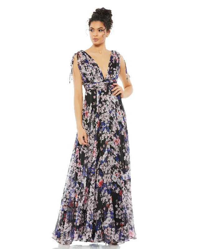 Floral Tie Shoulder V-Neck Maxi Dress Soft Ruffled Maxi