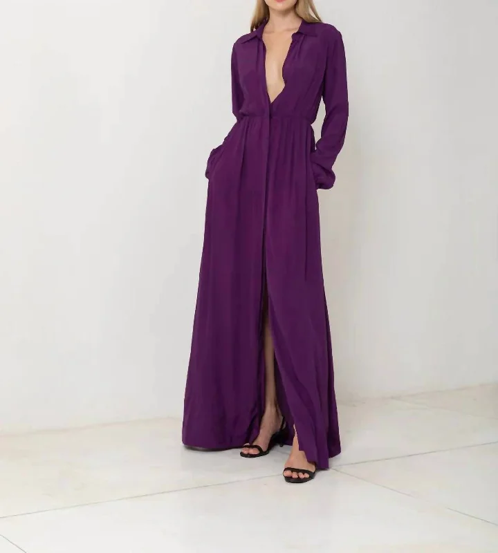 Long Sleeve Button Up Maxi Dress In Plum Formal Maxi Outfit