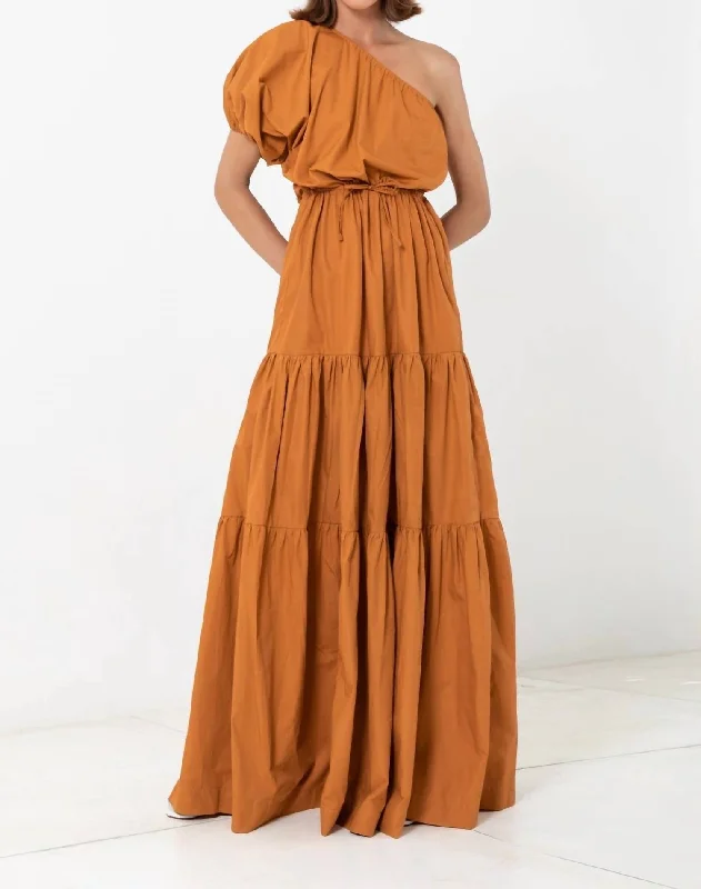 One Shoulder Puff Sleeve Maxi Dress In Tuscan Sun Tulle Layered Maxi