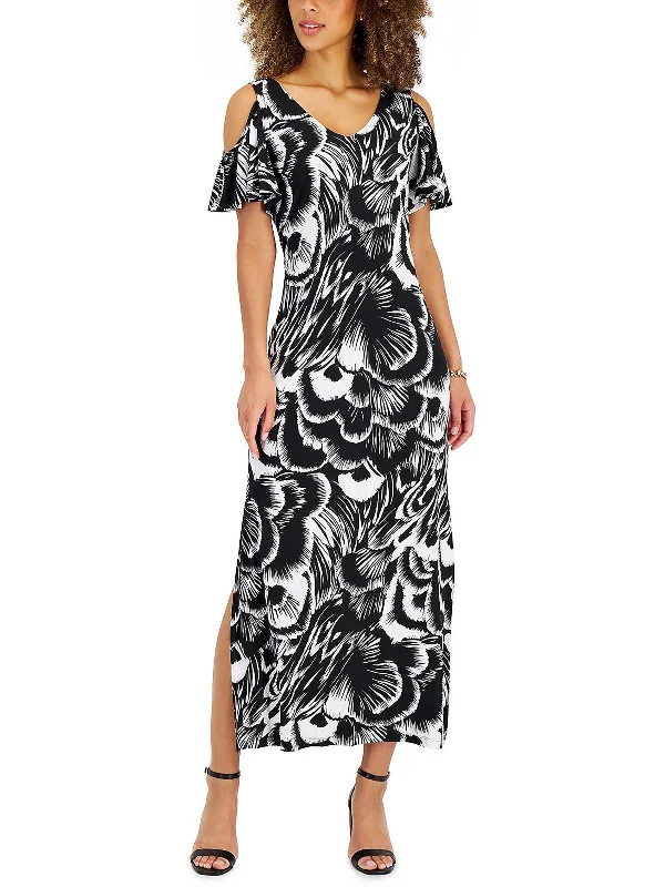 Petites Womens Printed Cold-Shoulder Maxi Dress Ruffle Long Maxi