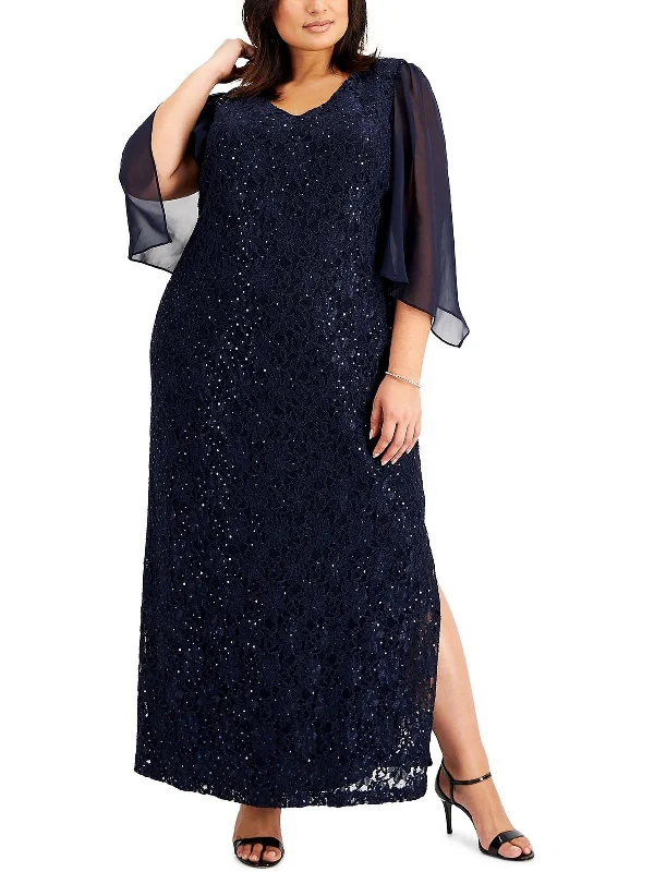 Plus Womens Lace Maxi Evening Dress Pleated A-line Skirt