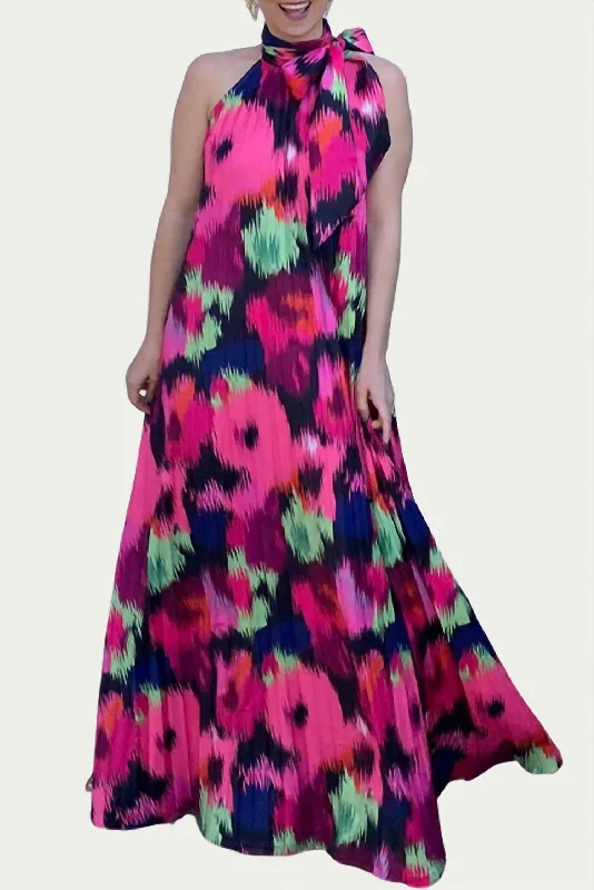 Poppy Pleated Satin Maxi Dress In Ikat Roses Summer Maxi Skirt