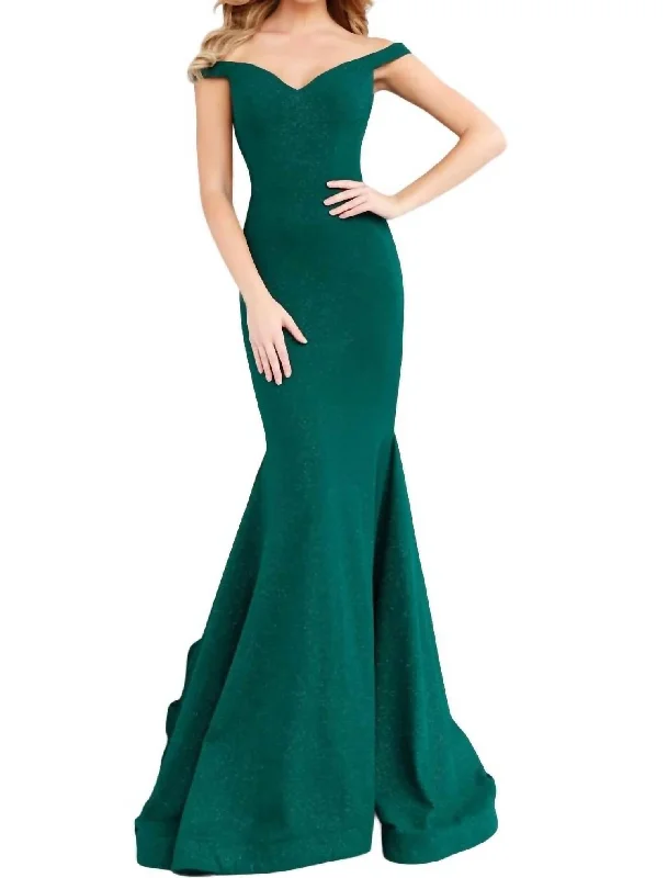 Sparkle Gown With Off Shoulder Long Train In Green Bold Maxi Skirt