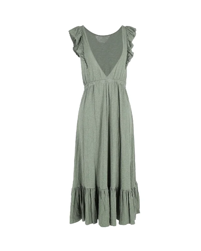 Ba&Sh Gathered Ruffle-Trimmed Midi Dress In Khaki Cotton Ruffled Skirt Midi