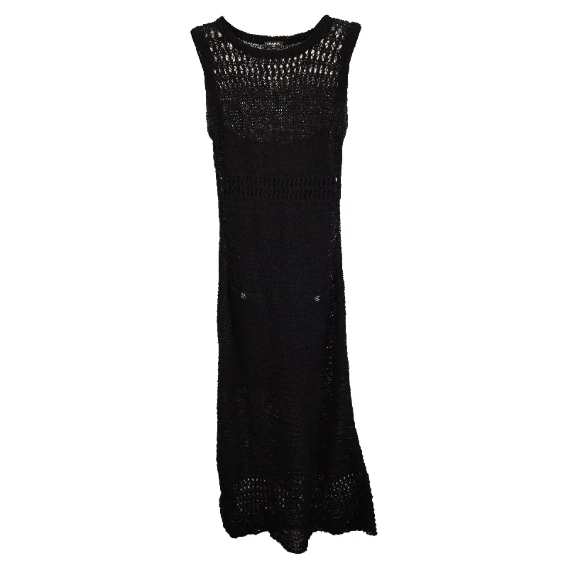 Chanel by Virginie Viard Crochet Midi Camélia Sleeveless Dress in Black Viscose Midi Skirt Trend