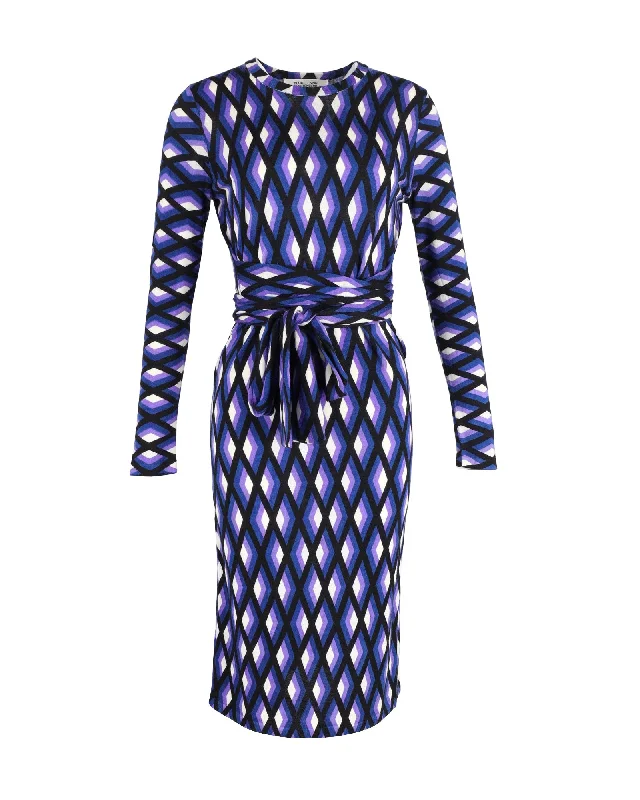 Diane Von Furstenberg Printed Knit Belted Midi Dress in Multicolor Wool Structured Midi Skirt