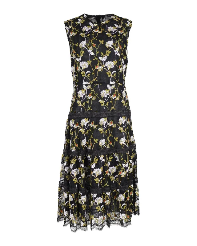 Giambattista Valli Floral-embroidered Lace Midi Dress in Black Polyester Plain Midi Skirt