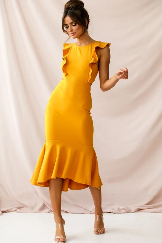 Jackie Wide Ruffle Hem Pinafore Midi Dress Mustard Stylish Midi Skirt