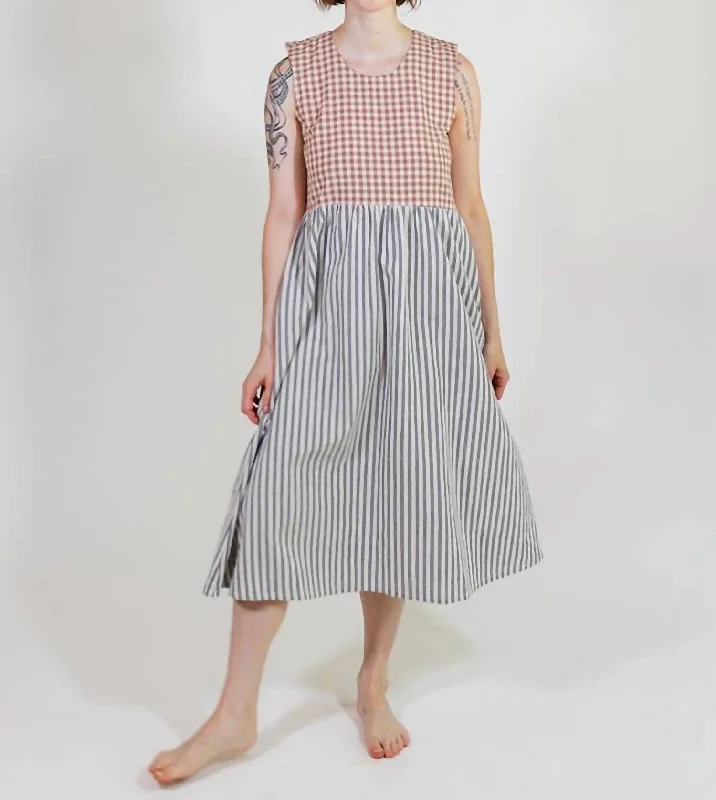 Lilah Midi Dress In Gingham Stripe Mix Floral Midi Skirt