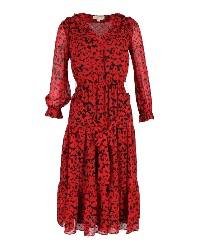 Michael Michael Kors Long Sleeve Printed Midi Dress in Red Polyester Sexy Midi Skirt