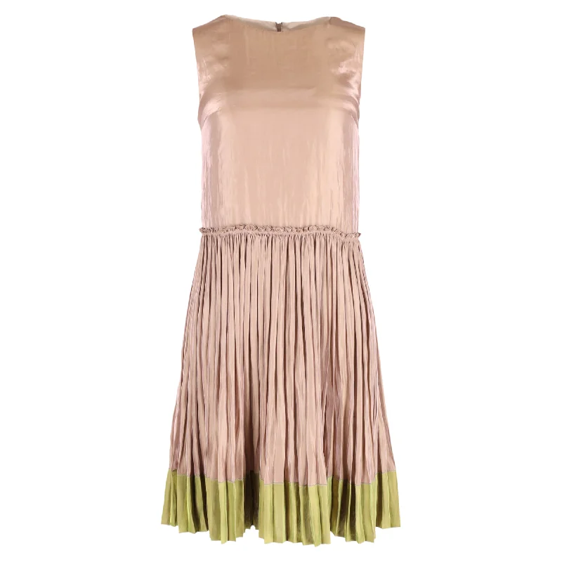 Red Valentino Crew Neck Pleated Midi Shift Dress in Rose Satin Midi Skirt Trendy