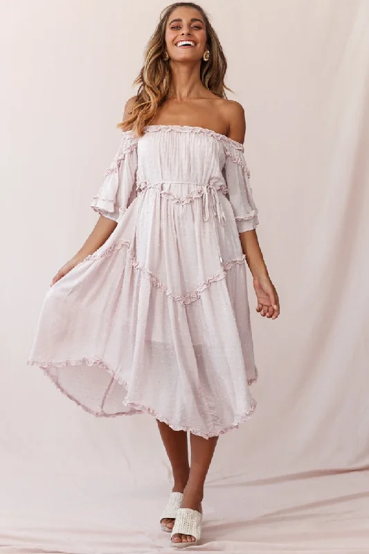 Renoir Off-Shoulder Frill Trim Midi Dress Mauve Lace Trim Midi