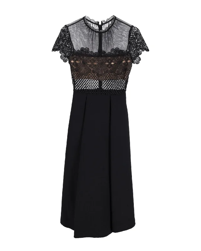 Self-Portrait Felicia Embroidered Lace Midi Dress in Black Polyester Midi Skirt Style